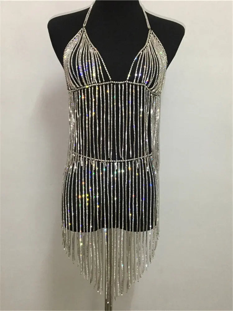 Women's Nightclub Dresses Sexy Tassel Metal Bright Diamond Body Jewelry Dress Crystal Body Chains Dress