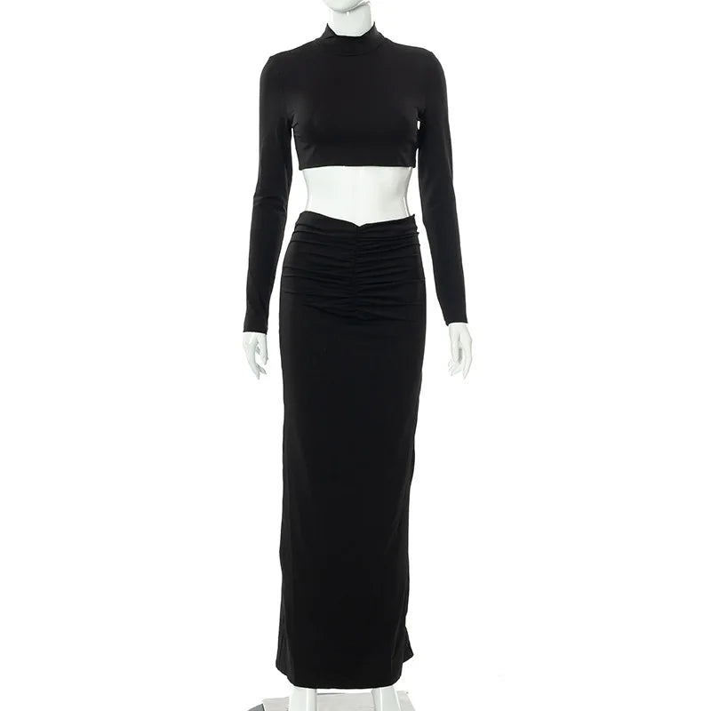 Liu Ming New Arrivals Elegant Women 2 Piece Long Sleeve Crop Tops and Ruched Long Pencil Skirts Set