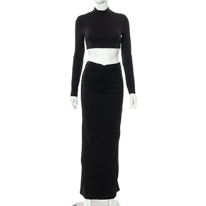 Liu Ming New Arrivals Elegant Women 2 Piece Long Sleeve Crop Tops and Ruched Long Pencil Skirts Set