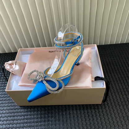 New Upgrade 2022 Fashion Brand Ribbon Bow in Jeweled Crystal Ladies Sandals Shoes Party Women's Heels Shoes