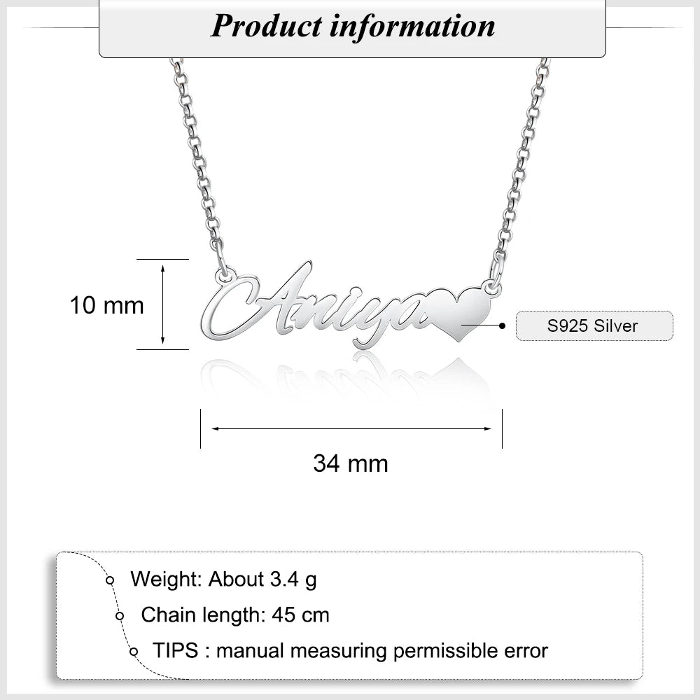 925 Sterling Silver Personalized Letter Nameplate with Heart Custom Made Name Necklaces for Women Anniversary Fine Jewelry.
