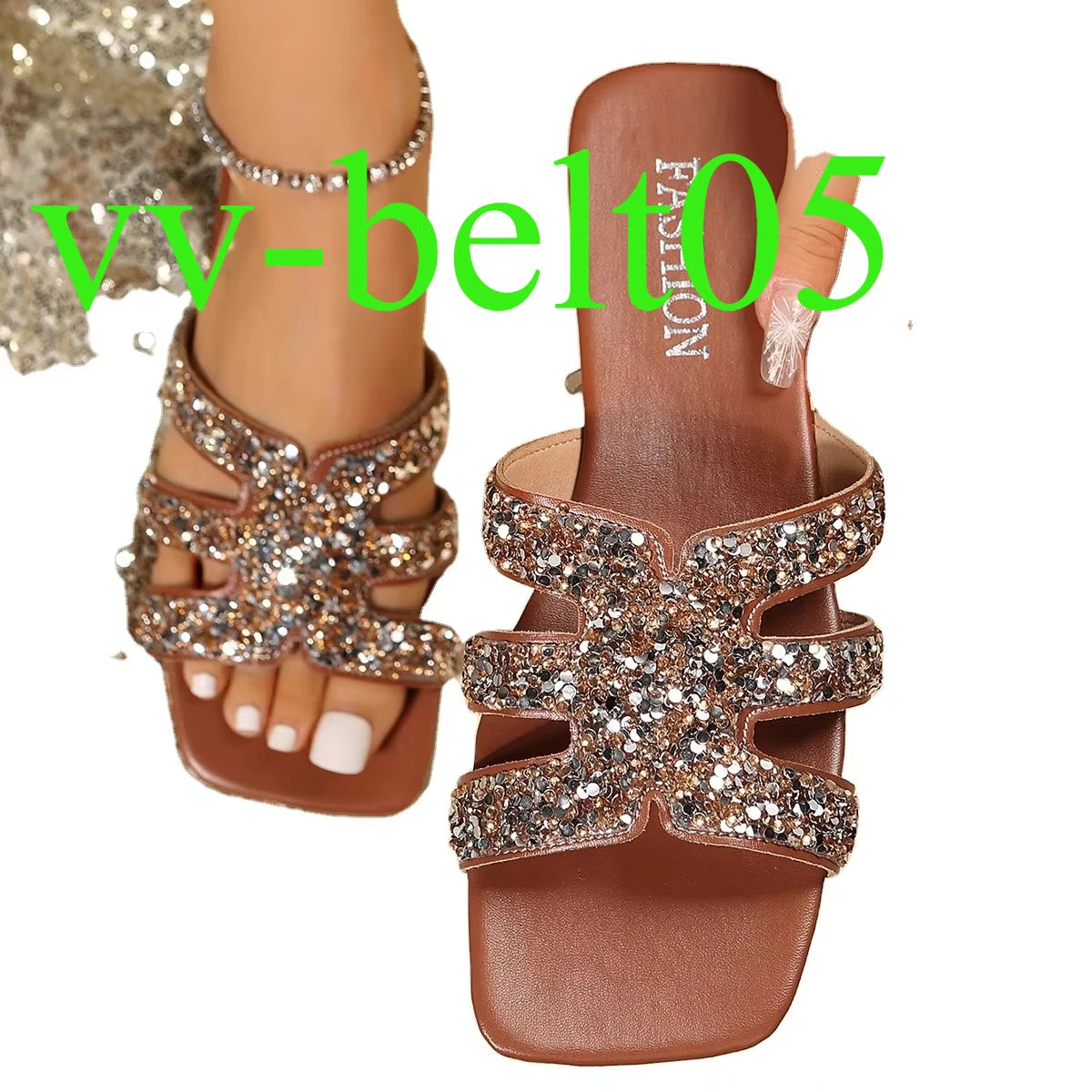 2024 New Yingyuan  Sequins Square Head Roman Style Sandals Flat slippers Z-261