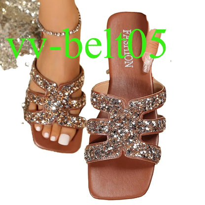 2024 New Yingyuan  Sequins Square Head Roman Style Sandals Flat slippers Z-261