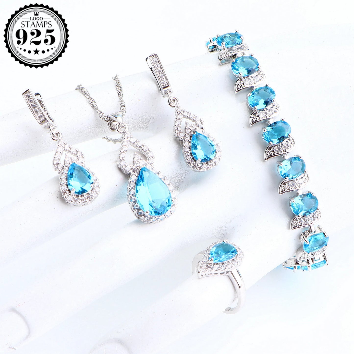 Natural Rainbow Jewelry Sets 925 Sterling Silver Stones Wedding Earrings For Women Stones Bracelet Necklace Rings Set Gifts Box