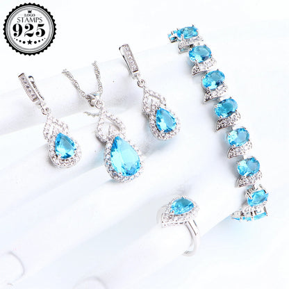 Natural Rainbow Jewelry Sets 925 Sterling Silver Stones Wedding Earrings For Women Stones Bracelet Necklace Rings Set Gifts Box