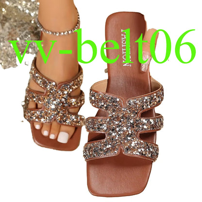 2024 New Yingyuan  Sequins Square Head Roman Style Sandals Flat slippers Z-261
