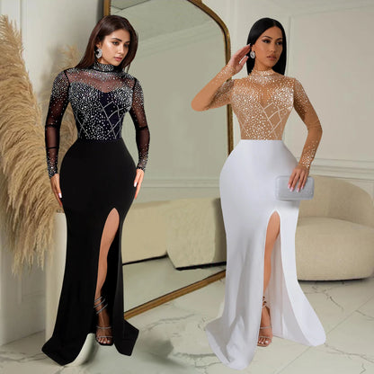 LQ C7045 Plus Size Fashion Women's Wear Hot Sequined Rhinestone Split Long Dress New for Club Party
