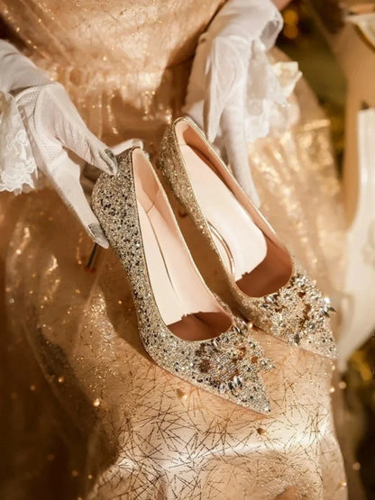 2025 Women's Stunning Gold Wedding Shoes Two-Way Bridal Crystal High Heels Engagement and Summer Wedding Shoes