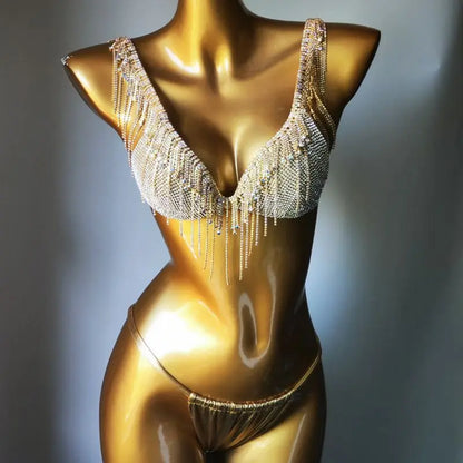 Nightclub Party Show Clothes Unique Crystal Bikini Designer Pool Show Luxury Swimsuit Rhinestone Bling Bikini Set
