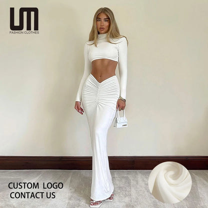 Liu Ming New Arrivals Elegant Women 2 Piece Long Sleeve Crop Tops and Ruched Long Pencil Skirts Set