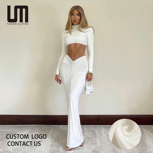 Liu Ming New Arrivals Elegant Women 2 Piece Long Sleeve Crop Tops and Ruched Long Pencil Skirts Set