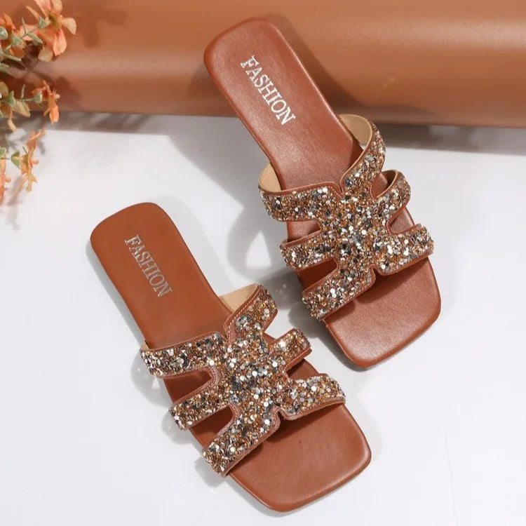 2024 New Yingyuan  Sequins Square Head Roman Style Sandals Flat slippers Z-261