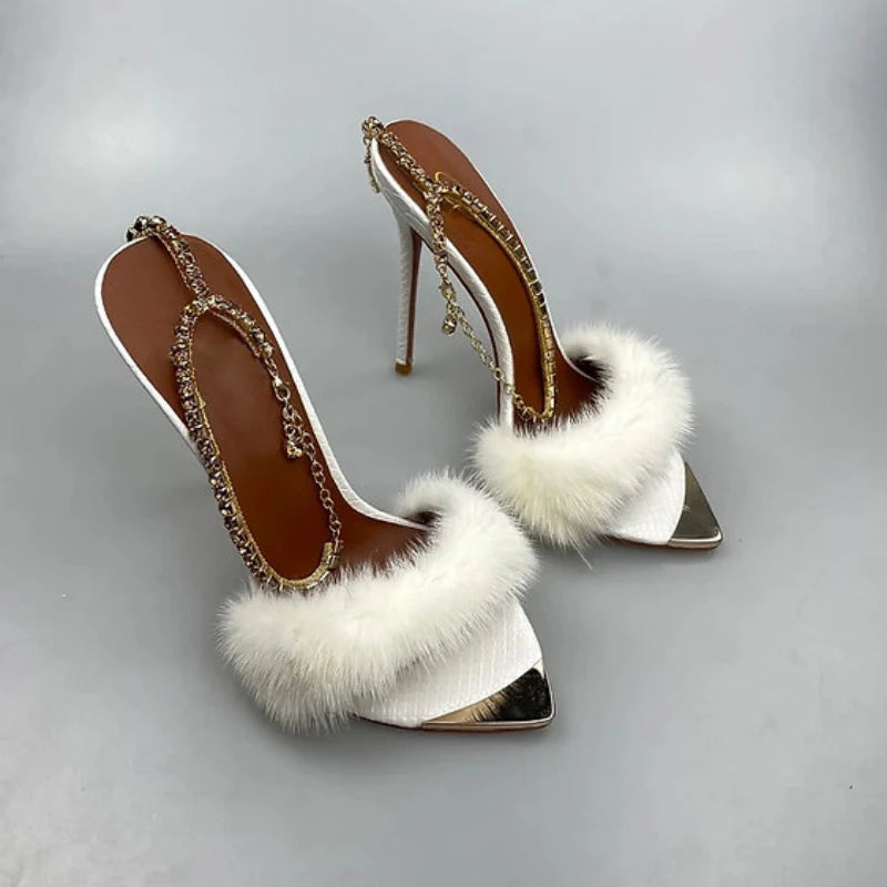 Spike Women's Luxury Customisable White Mink Fur PU Faux Suede Platform High Heels Sandals Summer Outdoor Ladies Shoes