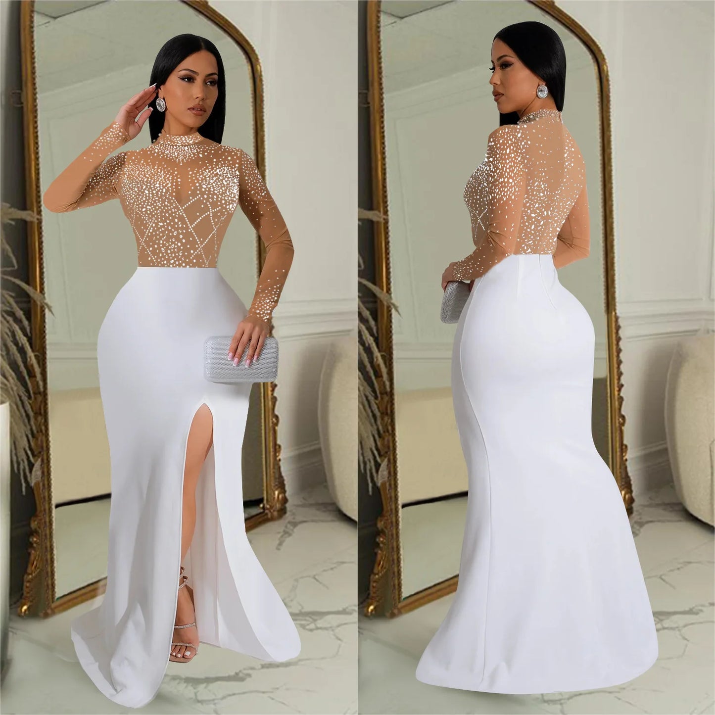 LQ C7045 Plus Size Fashion Women's Wear Hot Sequined Rhinestone Split Long Dress New for Club Party