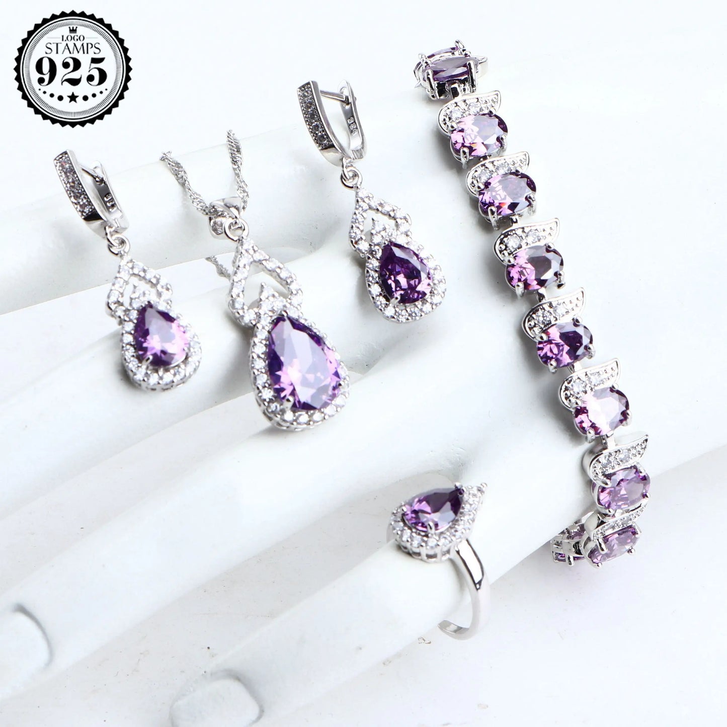 Natural Rainbow Jewelry Sets 925 Sterling Silver Stones Wedding Earrings For Women Stones Bracelet Necklace Rings Set Gifts Box
