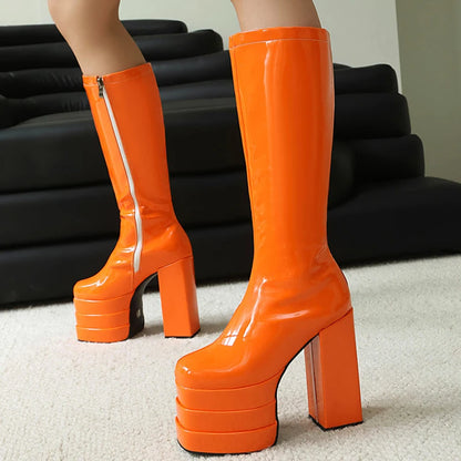 Wide Fit Big Size 46 Women Triple Layers Platform Knee High Boots Chunky Heels Square Toe Big Feet Shoes Long Booties
