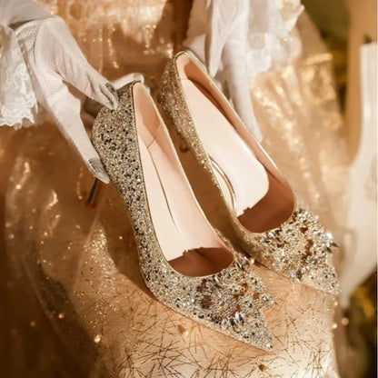 2025 Women's Stunning Gold Wedding Shoes Two-Way Bridal Crystal High Heels Engagement and Summer Wedding Shoes