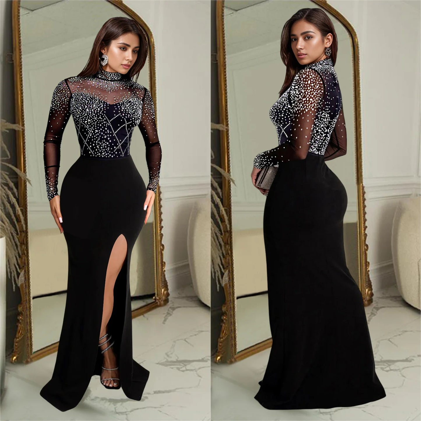 LQ C7045 Plus Size Fashion Women's Wear Hot Sequined Rhinestone Split Long Dress New for Club Party