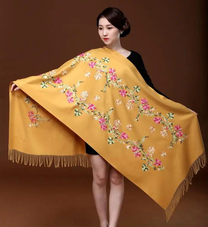 New Green Embroider Flower Pashmina Cashmere Scarf For Women Winter Warm Long Tassels Scarf Shawl Fashion Shawl Scarves Warps