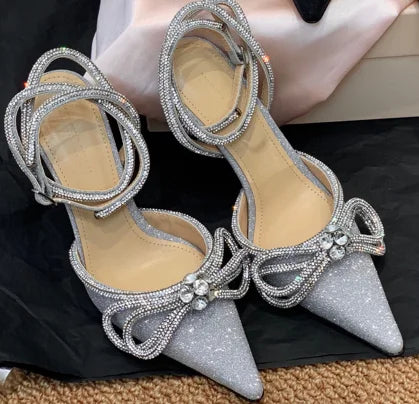 New Upgrade 2022 Fashion Brand Ribbon Bow in Jeweled Crystal Ladies Sandals Shoes Party Women's Heels Shoes