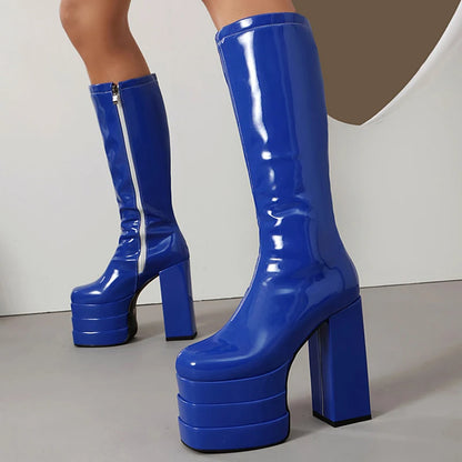 Wide Fit Big Size 46 Women Triple Layers Platform Knee High Boots Chunky Heels Square Toe Big Feet Shoes Long Booties