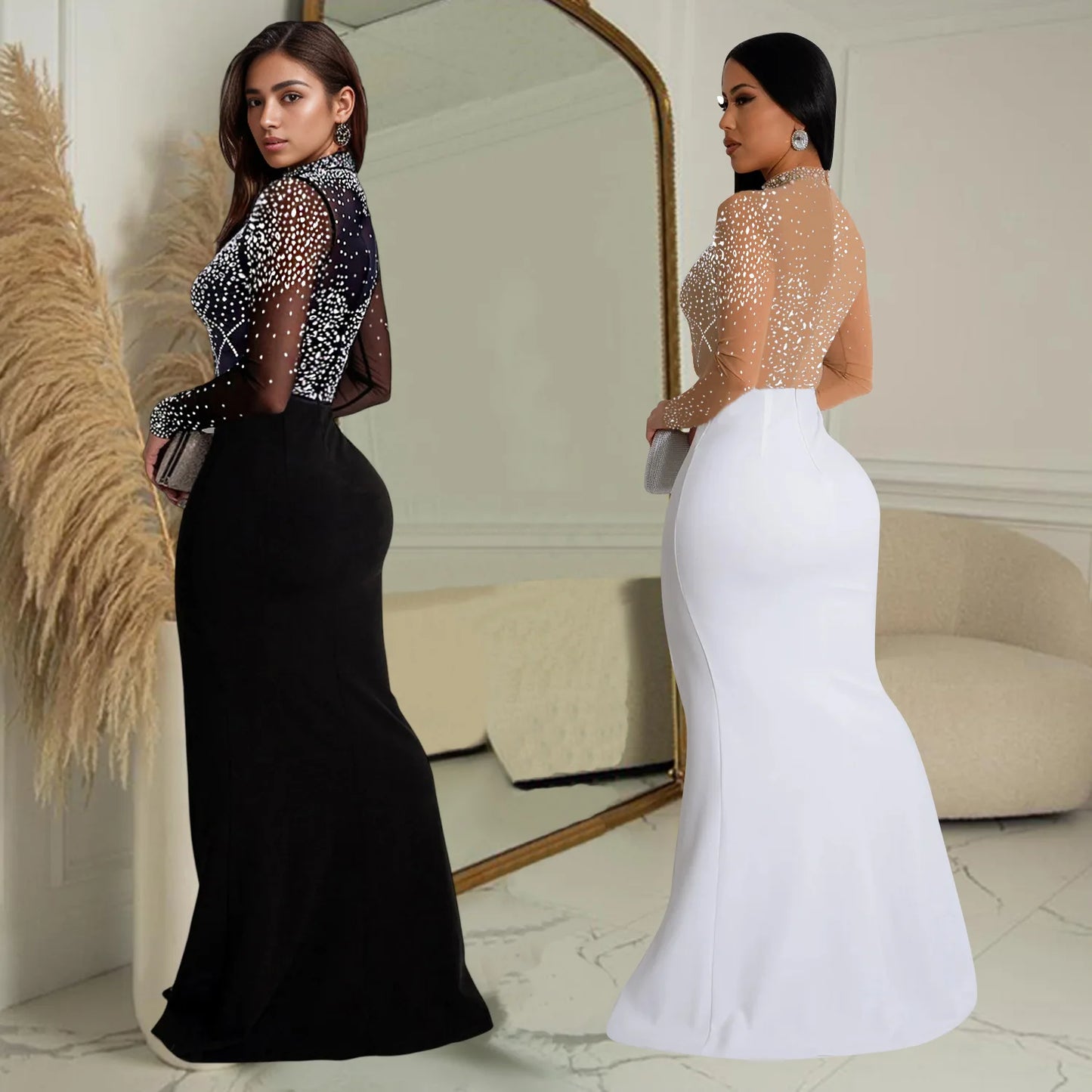 LQ C7045 Plus Size Fashion Women's Wear Hot Sequined Rhinestone Split Long Dress New for Club Party