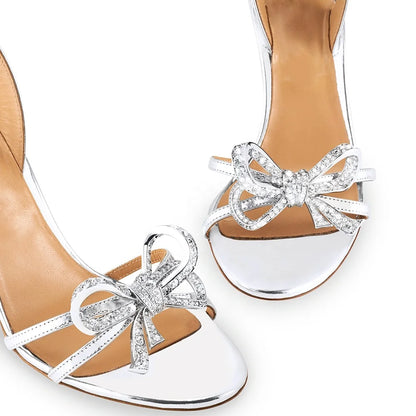 Rhinestone Glitter Bow Decor Sandals Bridal Wedding Silver Diamond Brand Shoes for Women Luxury Jeweled Thin High Heels