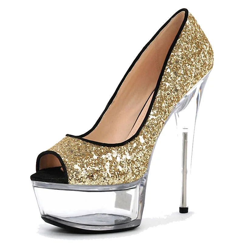 New Sequin Gold Fine Heel Crystal Platform 15 cm Banquet Fashion High Heels Women's Leaky Toe High Heels