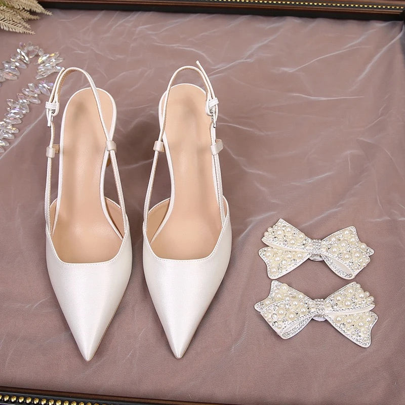 Detachable Wedding Shoes Zapatos Mujer Saltos Bow  Lace up Strappy Ankle Pearl Strap  White Wedding Heels for Bride