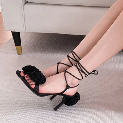 2024 Rose Flower Lace-up Roman Fashion Stiletto Lace up Heels for Women