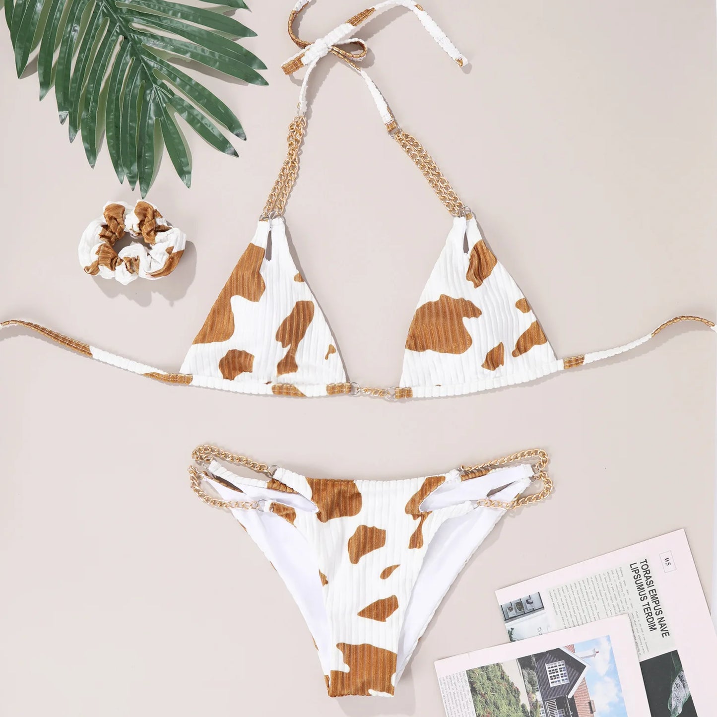 Sexy Halter Bikini Cow Print Female Swimsuit Women Swimwear 2 pieces Bikini Set Metal Chain Bather Bathing Suit Swim Lady Beach