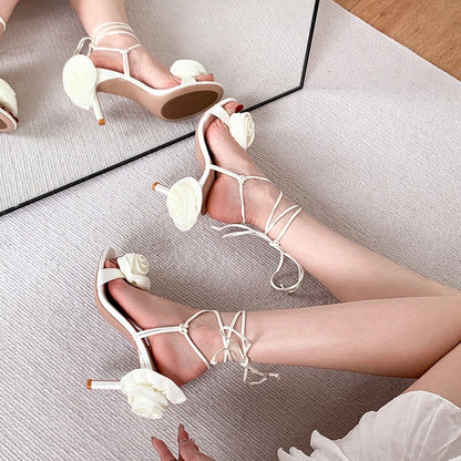 2024 Rose Flower Lace-up Roman Fashion Stiletto Lace up Heels for Women