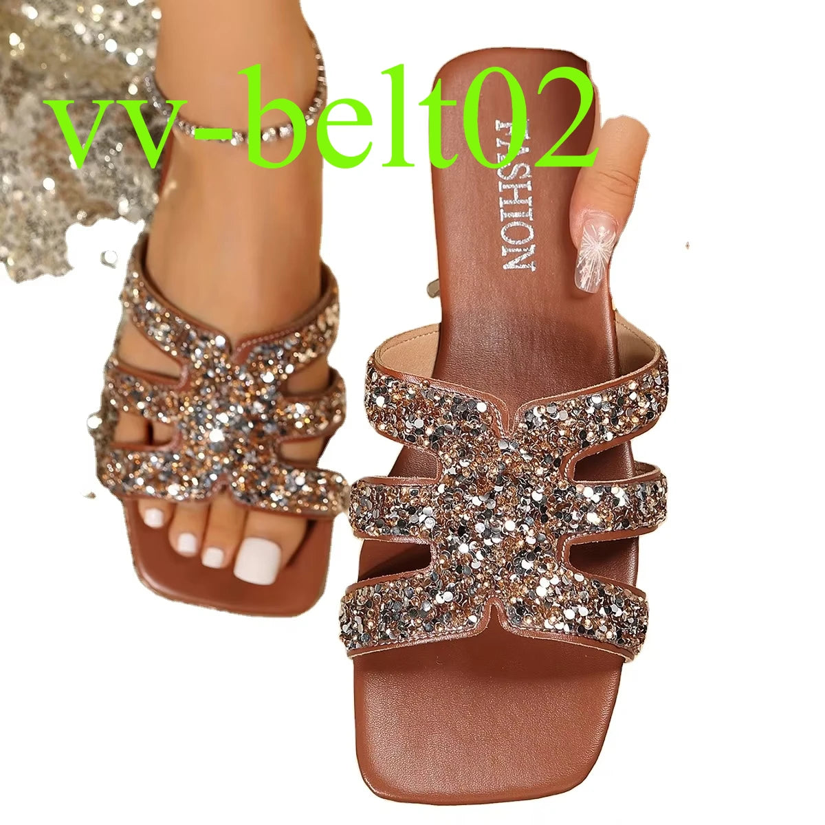 2024 New Yingyuan  Sequins Square Head Roman Style Sandals Flat slippers Z-261