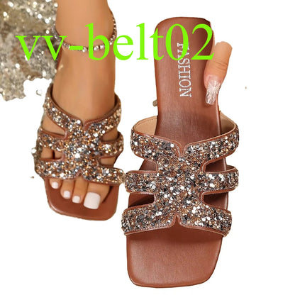 2024 New Yingyuan  Sequins Square Head Roman Style Sandals Flat slippers Z-261