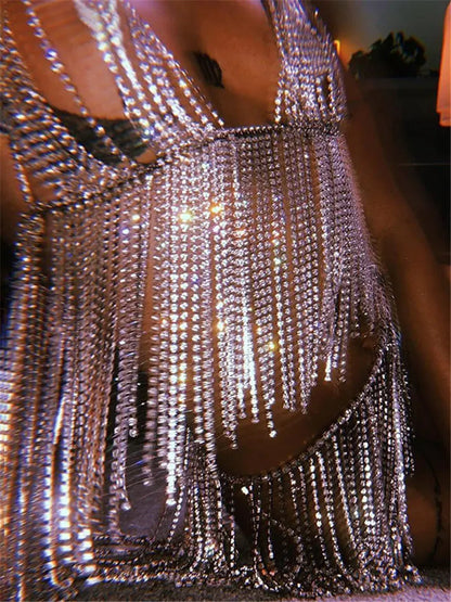 Women's Nightclub Dresses Sexy Tassel Metal Bright Diamond Body Jewelry Dress Crystal Body Chains Dress