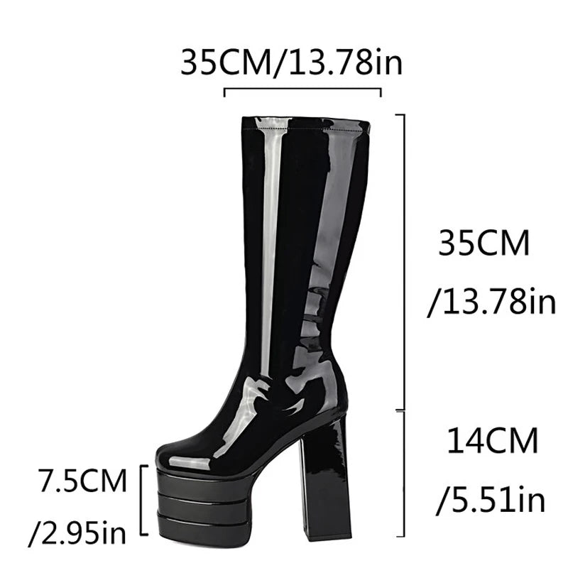 Wide Fit Big Size 46 Women Triple Layers Platform Knee High Boots Chunky Heels Square Toe Big Feet Shoes Long Booties