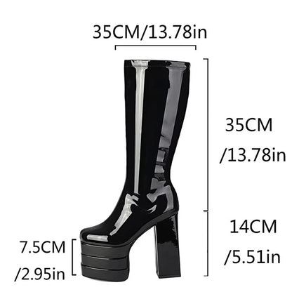 Wide Fit Big Size 46 Women Triple Layers Platform Knee High Boots Chunky Heels Square Toe Big Feet Shoes Long Booties