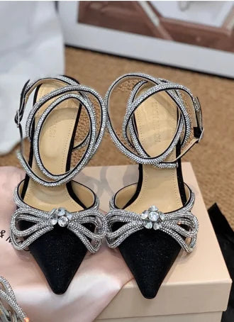 New Upgrade 2022 Fashion Brand Ribbon Bow in Jeweled Crystal Ladies Sandals Shoes Party Women's Heels Shoes