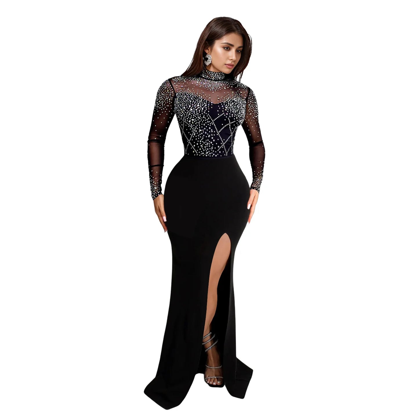 LQ C7045 Plus Size Fashion Women's Wear Hot Sequined Rhinestone Split Long Dress New for Club Party