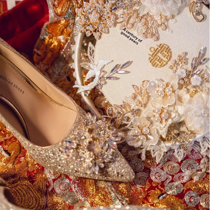 2025 Women's Stunning Gold Wedding Shoes Two-Way Bridal Crystal High Heels Engagement and Summer Wedding Shoes