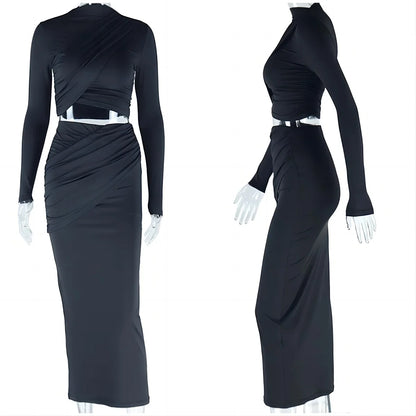 SML Solid Round Neck Irregular Long Sleeved Open Navel Top Casual Half Skirt 2-piece Set Fashion Set