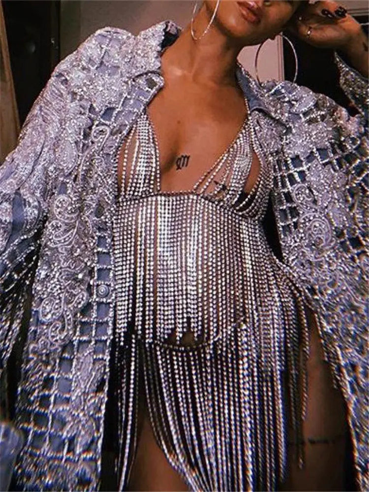 Women's Nightclub Dresses Sexy Tassel Metal Bright Diamond Body Jewelry Dress Crystal Body Chains Dress