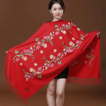 New Green Embroider Flower Pashmina Cashmere Scarf For Women Winter Warm Long Tassels Scarf Shawl Fashion Shawl Scarves Warps