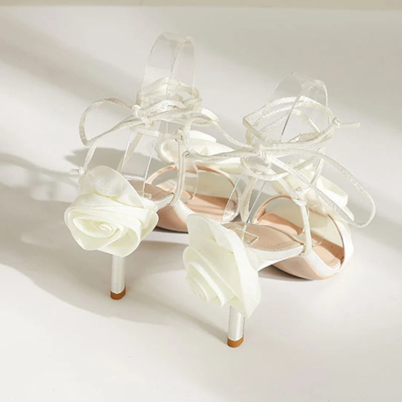 2024 Rose Flower Lace-up Roman Fashion Stiletto Lace up Heels for Women