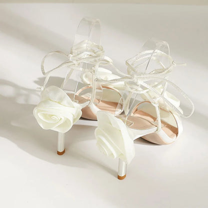 2024 Rose Flower Lace-up Roman Fashion Stiletto Lace up Heels for Women
