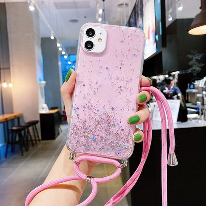 Luxury Bling Glitter Lanyard Silicone Phone Case For iPhone 17 16 15 14 13 12 11 Pro XS Max Plus Ultra-thin Necklace Rope Cover