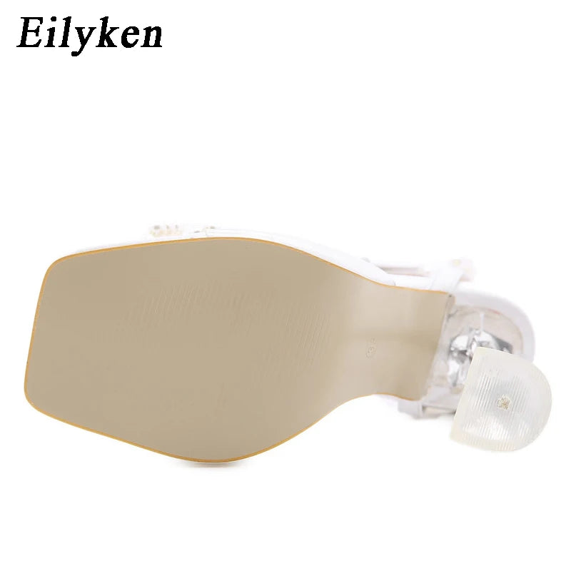 Eilyken New Women Sandals 2025 Summer Sexy Perspex Crystal High Heels Party Wedding Shoes Square Toe Pearls String Bowknot Pumps