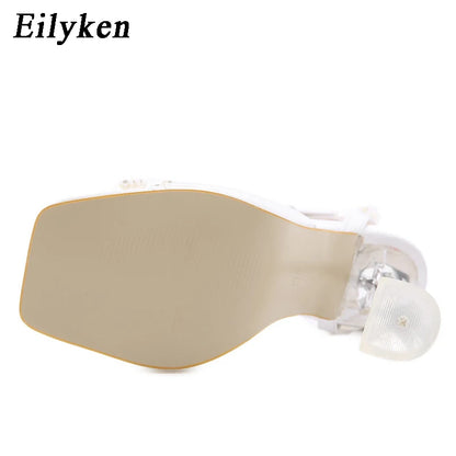 Eilyken New Women Sandals 2025 Summer Sexy Perspex Crystal High Heels Party Wedding Shoes Square Toe Pearls String Bowknot Pumps