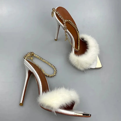 Spike Women's Luxury Customisable White Mink Fur PU Faux Suede Platform High Heels Sandals Summer Outdoor Ladies Shoes
