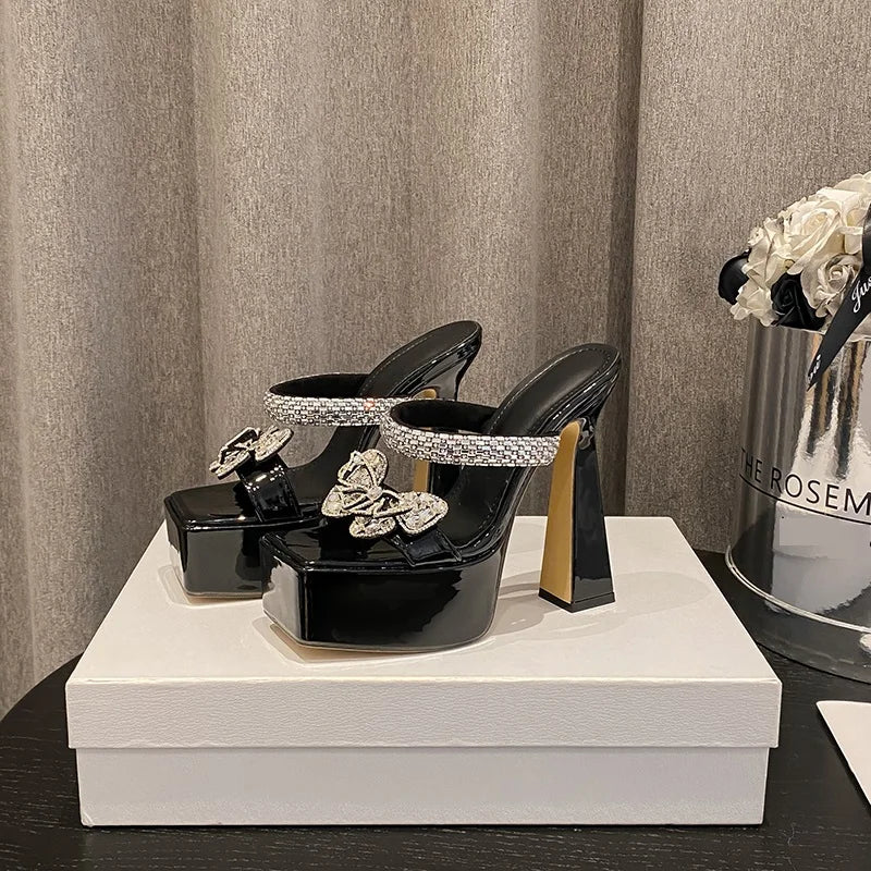 Runway Style Rhinestone Transparent Women's Super High Heels Slippers Square Toe Chunky Platform Shoes Sandals